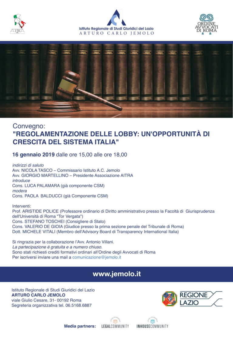 Regolamentazione delle Lobby: un’opportunità di crescita del sistema Italia | Roma, 16 gennaio 2019