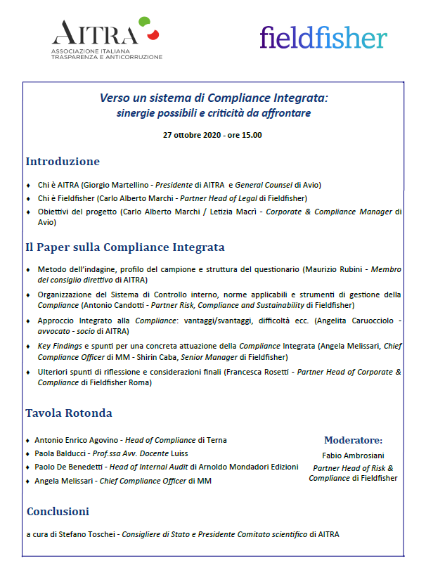 AITRA in collaborazione con Fieldfisher | Verso un sistema di Compliance Integrata: sinergie possibili e criticità da affrontare | 27 ottobre 2020